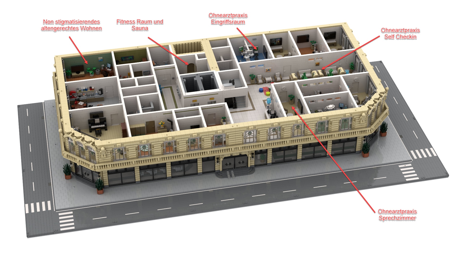 Lego Building Layout with German Healthcare Facility Labels